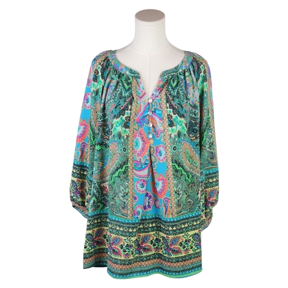 Fig and Flower Boho Paisley Peasant Blouse Turquoise Multicolor Top - Picture 1 of 9